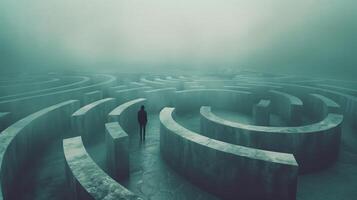 Mystical Maze Exploration A Person Standing at the Entrance to an Enormous Labyrinth with Foggy Atmosphere photo