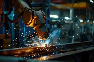 High-Tech Industrial Robotic Arm Performing Automated Welding in a Modern Factory Setting with Bright Sparks and Precision Engineering photo