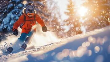 Exciting Action Shot of Youth Skiing Down a Snowy Slope in Bright Winter Gear with Sunlit Snowflakes photo