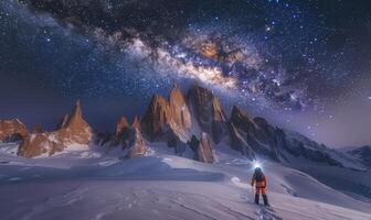 Stunning Night Sky Photo of the Milky Way Over Snow-Covered Mountains and Adventurer Under Starry Skies