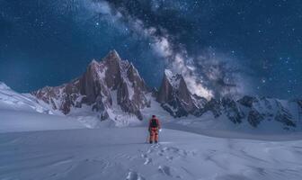 Breathtaking Night Sky Over Milky Way With Adventurer Hiking Snow-Covered Mountains photo