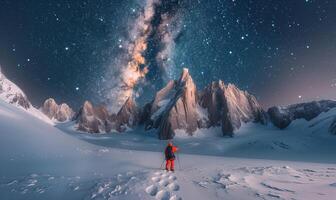 Starry Night Sky With Milky Way Over Snow-Covered Mountains and Adventurer in Red Suit Exploring photo