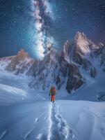 Majestic Milky Way Over Snow-Covered Mountains With Climber in Vibrant Gear at Night photo