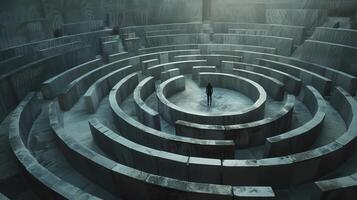 Person Standing at Entrance of Enormous Stone Maze Highlighting Mystery and Solitude in an Intricate Architectural Setting photo