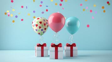 Colorful Balloons and Gift Boxes with Confetti for Celebration and Party Atmosphere on Blue Background photo