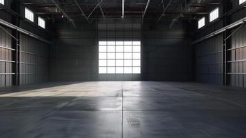 Spacious Industrial Warehouse Interior with Concrete Floor and Ample Natural Light from Large Windows photo