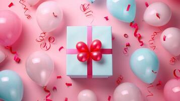 Festive Gift Box with Red Bow Surrounded by Pink and Blue Balloons on a Celebratory Background photo