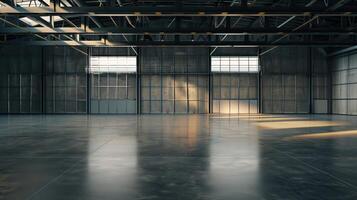 Spacious Industrial Building Interior with Polished Concrete Floor and Large Windows Streaming Sunlight photo