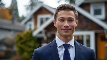 Confident Businessman Smiling Outdoors in Front of a Suburban House on a Bright Day photo