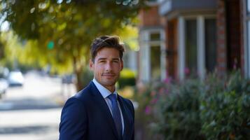 Confident Young Professional in Blue Suit Standing Outdoors on Sunny Day in Urban Residential Setting photo