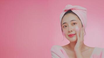 Young Woman Enjoying Skincare Routine with Soft Pink Towel on Hair, Radiant Complexion, and Gentle Smile photo