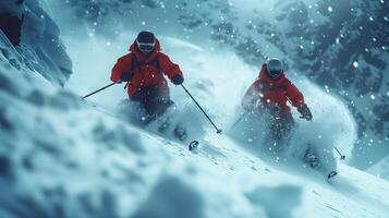 Dynamic Action Shot of Two Skiers in Red Jackets Speeding Down a Snowy Mountain Slope with Snowflakes in Motion photo