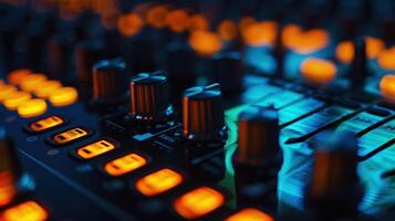 Close-Up of Sound Equalizer with Amber Lights on Control Board in Music Production Studio photo