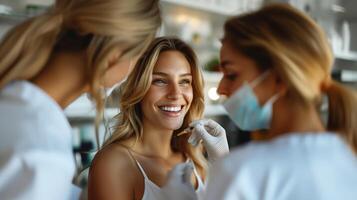 Close-Up of Smiling Woman Getting Cosmetic Procedure by Medical Professionals in a Clinic Setting photo