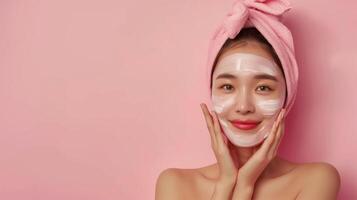 Beauty Care Routine with Smiling Woman Applying Cream on Her Face in Relaxing Spa Setting photo
