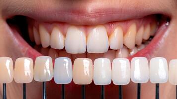 Close-Up of Smiling Person with Teeth Shade Guide in Dental Clinic for Whitening Treatment photo