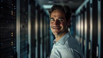 Confident Man in Modern Data Center Environment Smiling in Cinematic Lighting Portrait photo