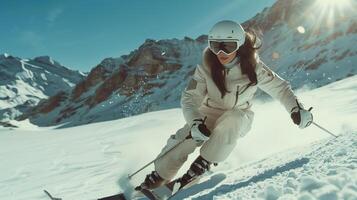 Low-Angle Shot of a Woman Skiing Down a Sunny Snowy Mountain in Winter Adventure Scene photo