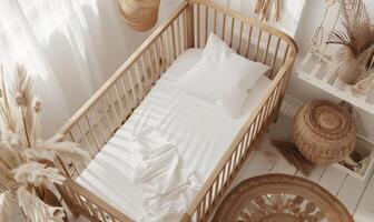 Closeup Top View of Baby Crib with White Blank Sheet in Cozy Nursery Interior with Natural Decor Elements and Soft Lighting photo