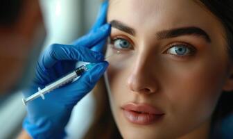 Close-Up of Woman Receiving Cosmetic Injection with Gloved Hands and Focused Expression in a Medical Setting photo