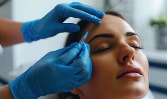 Professional Cosmetic Procedure Highlighting a Woman Receiving a Facial Injection by a Gloved Practitioner for Beauty and Skincare photo