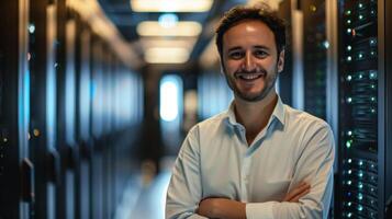 Confident Businessman in Data Center with Servers in Background, Representing Modern Technology and IT Solutions photo