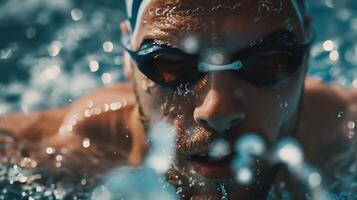 Close-Up Of Male Athlete Swimmer Focused on Competitive Swimming in Pool with Bubbles and Water Splashing photo