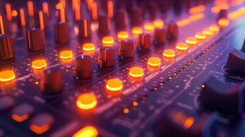 Close-Up of Sound Equalizer with Vibrant Amber Lights on a Mixing Console Creating a Dynamic Audio Atmosphere photo