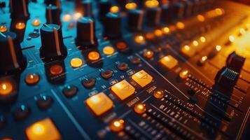 Close-Up of Sound Equalizer with Amber Lights Illuminating Audio Control Panel in Music Studio photo