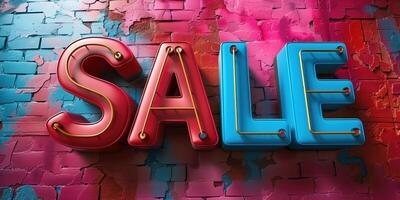 Vibrant Neon Sale Sign with Creative Design Elements on Colorful Brick Wall Background photo