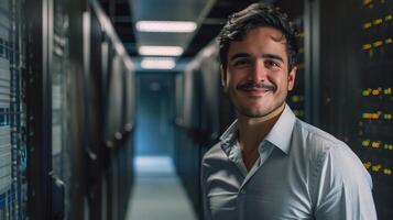 Confident Professional Man Standing in Modern Data Center With Server Racks and Technology Background photo