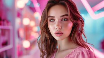 Stylish Portrait of a Young Woman with Vibrant Neon Lights Creating a Modern Fashion Statement photo