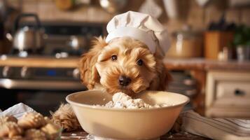 Adorable Puppy Wearing Chef Hat in Kitchen with Baking Supplies, Creating a Cute and Fun Cooking Scene photo