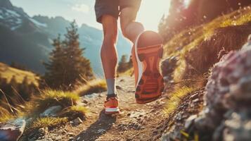 Trail Running in the Mountains at Sunrise with Focus on Runner's Shoes and Natural Landscape photo