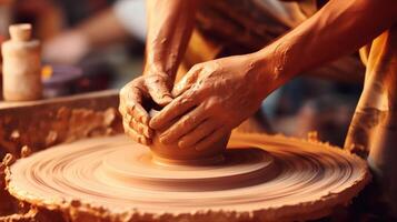 Close-Up of Young Male Hands Creating a Ceramic Pot on a Pottery Wheel with Skillful Precision and Artistic Expression photo