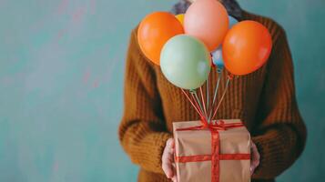 Colorful Balloons and Gift Box Create a Festive Atmosphere Perfect for Celebrations and Special Occasions photo