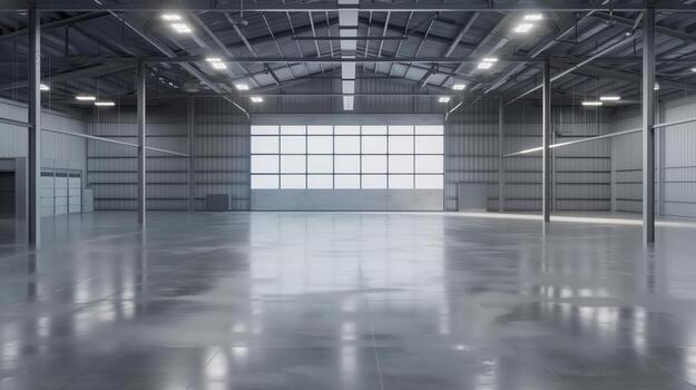 espacioso industrial edificio interior con pulido hormigón piso y grande ventanas esclarecedor el espacio foto