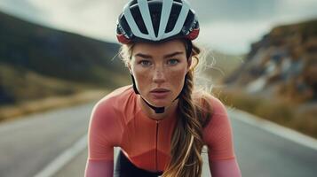 Focused Cyclist Riding on Open Mountain Road in Scenic Landscape photo
