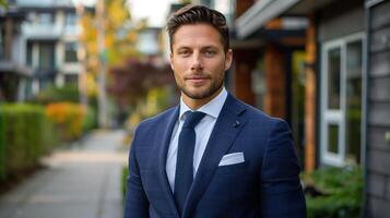 Confident Businessman in Blue Suit Posing Outdoors in Urban Setting with Modern Architecture photo