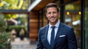 Confident Businessman in Stylish Suit Smiling Outdoors at Modern Business Complex on a Bright Day photo