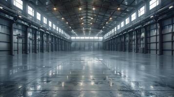 Spacious Industrial Building Interior with Concrete Floor and Bright Lighting photo