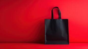 Stylish Black Tote Paper Bag Against a Vibrant Red Background - Perfect for Shopping or Gift Presentation photo