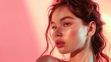 Beautiful Model Woman With Radiant Skin and Elegant Pose Against Soft Pink Background photo