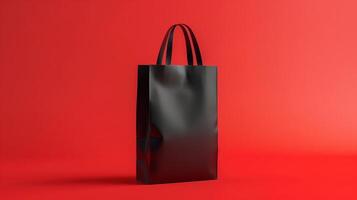 Elegant Black Tote Paper Bag on Striking Red Background - Perfect for Branding and Retail Design Concepts photo