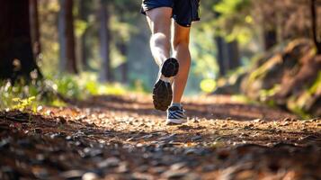 Runner in Motion on a Sunlit Forest Trail Embracing Nature and Outdoor Adventure photo