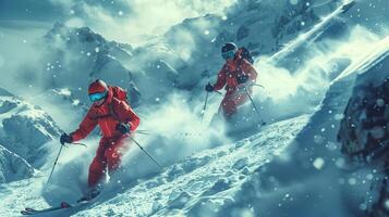Dynamic Action-Packed Skiing Adventure Featuring Two Skiers Racing Down Snowy Mountain Slopes photo