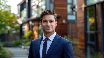 Confident Businessman in Blue Suit Posing Outdoors in Modern Urban Setting on a Sunny Day photo