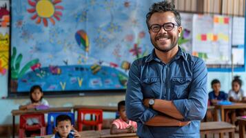 Confident Brazilian Public School Teacher Standing in a Colorful Classroom with Engaged Students and Creative Artwork photo