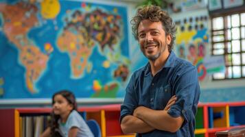 Smiling Brazilian Public School Teacher in Classroom with World Map and Student in Background photo