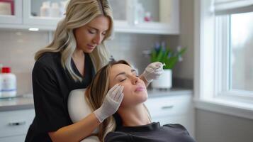Aesthetician Performing Facial Treatment on a Client in a Professional Spa Setting photo